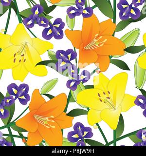 Yellow, Orange Lily and Blue Iris Flower on White Background. Vector Illustration. Stock Vector