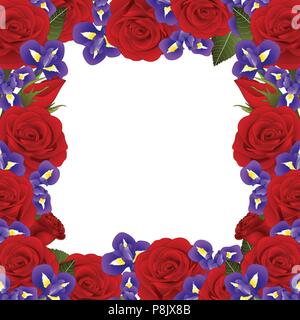 Red Rose and Iris Flower Frame Border. isolated on White Background. Vector Illustration. Stock Vector