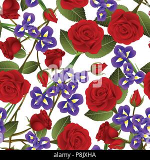Beautiful Red Rose and Iris Flower on White Background. Valentine Day. Vector Illustration. Stock Vector