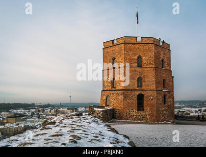 View to the Gediminas' Tower - the remaining part of the Upper Castle in Vilnius, Lithuania in frosty winter day. The tower is a symbol of Vilnius and Stock Photo
