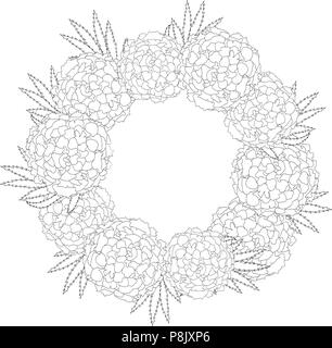 Marigold Flower - Tagetes Wreath Outline isolated on White Background. Vector Illustration. Stock Vector