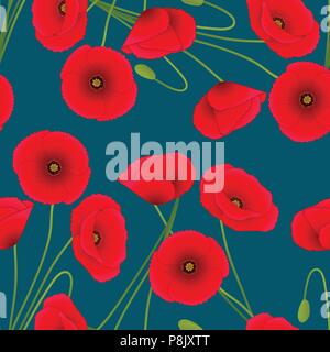Red Corn Poppy on Indigo Blue Background. Vector Illustration. Stock Vector