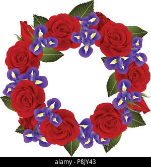 Red Rose and Iris Flower Wreath. isolated on White Background. Vector Illustration. Stock Vector