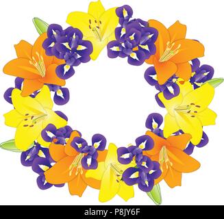 Yellow, Orange Lily and Blue Iris Flower Wreath on White Background. Vector Illustration. Stock Vector