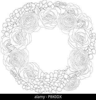 Rose, Hydrangea and Ranunculus Wreath Outline. isolated on White Background. Vector Illustration. Stock Vector