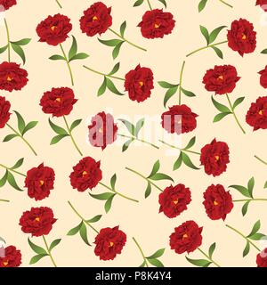 Red Peony Seamless on Ivory Beige Background. Vector Illustration. Stock Vector