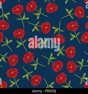 Red Peony Seamless on Indigo Blue Background. Vector Illustration. Stock Vector