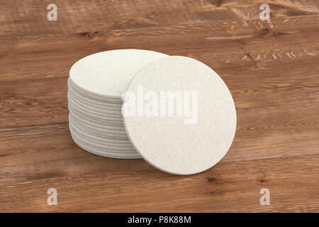 Beer coaster. Isolated on wooden table. Include clipping path. 3d render Stock Photo