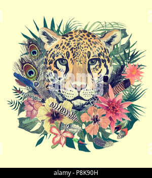 Watercolor hand drawn illustration with leopard head, flowers, leaves, feathers. Stock Photo