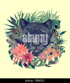 Watercolor hand drawn illustration with panther head, flowers, leaves, feathers. Stock Photo