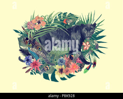 Watercolor hand drawn illustration with panther, flowers, leaves, feathers. Stock Photo