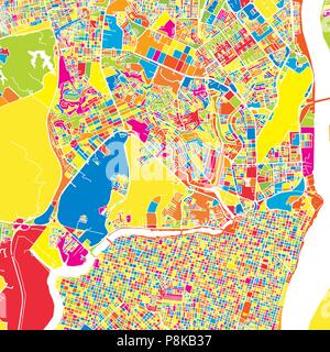 Guayaquil, Ecuador, colorful vector map.  White streets, railways and water. Bright colored landmark shapes. Art print pattern. Stock Vector