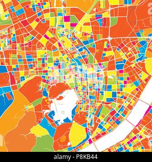 Hangzhou, China, colorful vector map.  White streets, railways and water. Bright colored landmark shapes. Art print pattern. Stock Vector