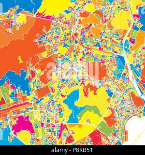 Busan, Korea, South, colorful vector map.  White streets, railways and water. Bright colored landmark shapes. Art print pattern. Stock Vector