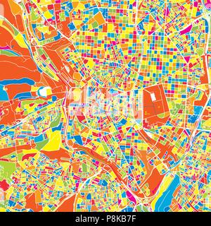 Madrid, Spain, colorful vector map.  White streets, railways and water. Bright colored landmark shapes. Art print pattern. Stock Vector