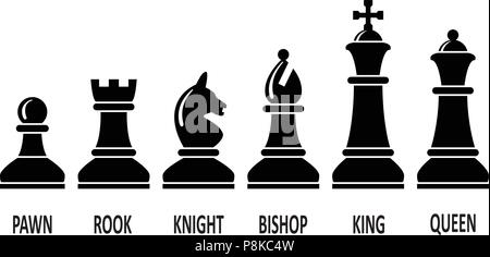 vector chess piece set for logo design. pawn, rook, knight, bishop, king and queen black and white chess symbols Stock Vector