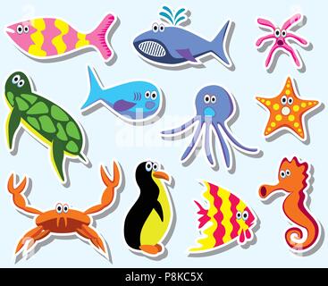 Set of sea animals in vector graphic illustration in coloring pages for ...
