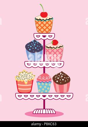 vector set of fruit and chocolate cupcakes on a stand Stock Vector