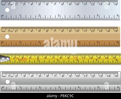 vector set of rulers and measuring tape in millimeters, centimetres and inches Stock Vector