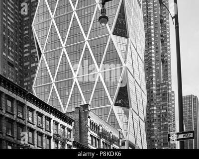 Black and white picture of diverse New York City architecture, USA.
