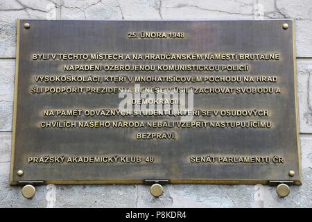 Plaque commemorating the 1948 student protests (see additional info). Nerudova, Malá Strana (Little Quarter), Prague, Czechia (Czech Republic), Europe Stock Photo