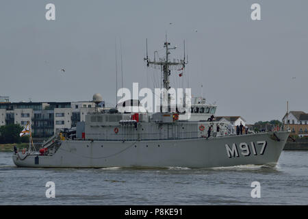 Belgian Navy minesweeper BNS Crocus M917 arrives on the River Thames in London Stock Photo