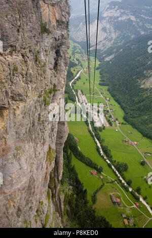 Cable car ride from Gimmelwald down to Stechelberg on the floor of the upper Lauterbrunnen Valley,  Bernese Oberland, Switzerland Stock Photo