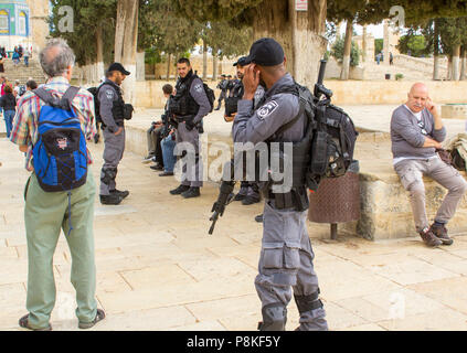 10 May 2018 Heavily armed Israeli security forces on duty among tourists at The Dome of the Rock on the Temple Mount in Jerusalem Israel Stock Photo