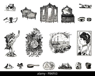 Collection of illustrations from 1900's with Art Nouveu style. Stock Photo