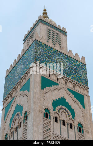 Close up of the detailed minaret on Hassan II mosque in Casablanca, Morocco Stock Photo