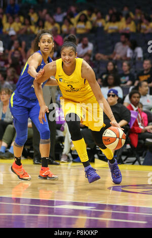 LOS ANGELES, CA - JULY 12: Los Angeles Sparks forward Candace Parker (3) drives to the basket during a WNBA game between the Dallas Wings and the Los Angeles Sparks on July 12, 2018 at Staples Center in Los Angeles, CA. (Photo by Jordon Kelly Cal Sport Media) Stock Photo