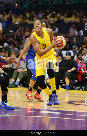 LOS ANGELES, CA - JULY 12: Los Angeles Sparks forward Candace Parker (3) drives to the basket during a WNBA game between the Dallas Wings and the Los Angeles Sparks on July 12, 2018 at Staples Center in Los Angeles, CA. (Photo by Jordon Kelly Cal Sport Media) Stock Photo