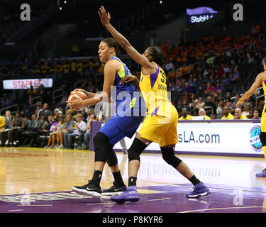 Dallas Wings center Elizabeth Cambage #8 in the paint during the Dallas Wings vs Los Angeles Sparks game at Staples Center in Los Angeles, Ca on July 12, 2018. (Photo by Jevone Moore) Stock Photo