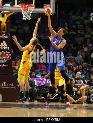 Dallas Wings center Elizabeth Cambage #8 with rebound during the Dallas Wings vs Los Angeles Sparks game at Staples Center in Los Angeles, Ca on July 12, 2018. (Photo by Jevone Moore) Stock Photo