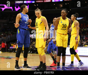 Dallas Wings center Elizabeth Cambage #8, Maria Vadeeva, Nneka Ogwumike during the Dallas Wings vs Los Angeles Sparks game at Staples Center in Los Angeles, Ca on July 12, 2018. (Photo by Jevone Moore) Stock Photo