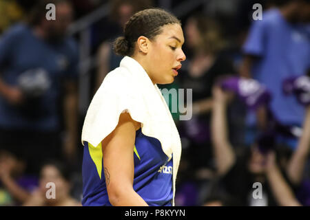 Dallas Wings center Elizabeth Cambage #8 walks off after being ejected from during the Dallas Wings vs Los Angeles Sparks game at Staples Center in Los Angeles, Ca on July 12, 2018. (Photo by Jevone Moore) Stock Photo