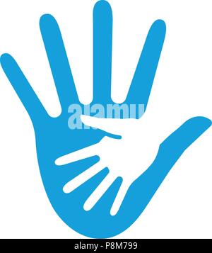 Friendly gesture of the hand in the hand. Abstract shape, minimalistic flat stylized, blue color logo template. Palm, children's palm, gesture, arm, fingers logo elements. Universal company symbol.  Stock Vector