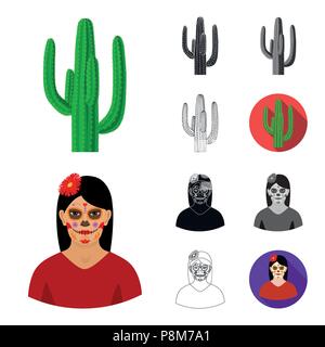 Country Mexico cartoon,black,flat,monochrome,outline icons in set collection for design. Mexico and landmark vector symbol stock  illustration. Stock Vector