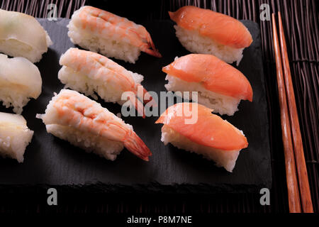 Sushi japanese food platter chopsticks Stock Photo