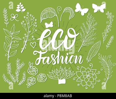 Set Vector Eco Fashion inscription with green botanical flower isolated on green background. Stock Vector