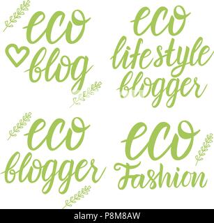 Vector Set Eco fashion, blogger, eco life style blog gold inscription lettering on a white background Stock Vector