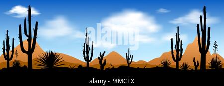 Stony desert with cactuses against the blue sky and white clouds. Desert, landscape, cacti and other plants against the blue sky. Stock Vector