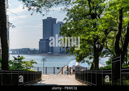 New York, City / USA - JUL 10 2018: Fort Stirling Park in clear afternoon of Lower Manhattan Skyline view from Brooklyn New York City Stock Photo