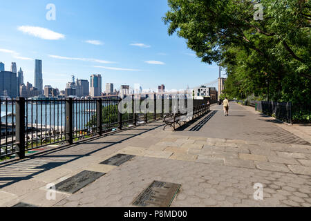 New York, City / USA - JUL 10 2018: Fort Stirling Park in clear afternoon of Lower Manhattan Skyline view from Brooklyn New York City Stock Photo