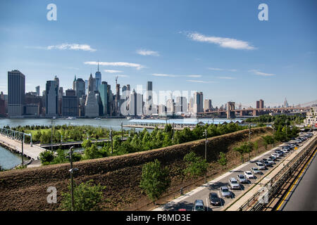 New York, City / USA - JUL 10 2018: Fort Stirling Park in clear afternoon of Lower Manhattan Skyline view from Brooklyn New York City Stock Photo
