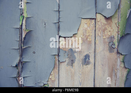 blue peeling and cracked paint on rotten wood in a textured background Stock Photo