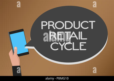Word writing text Product Retail Cycle. Business concept for as brand progresses through sequence of stages Mobile text message messenger smart touch  Stock Photo