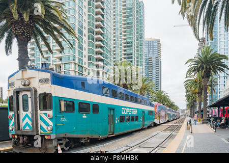 San Diego, JUN 29: Coaster amtrak and the historical Santa Fe station on JUN 29, 2018 at San Diego, California Stock Photo