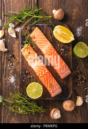 Fresh raw salmon fillet, flat lay Stock Photo