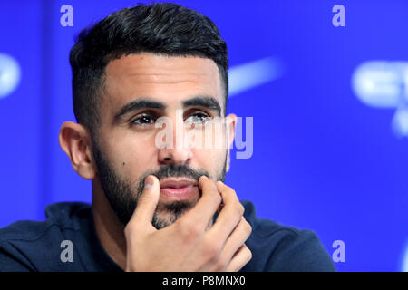 New Manchester City signing Riyad Mahrez during the press conference at the City Football Academy, Manchester. Stock Photo